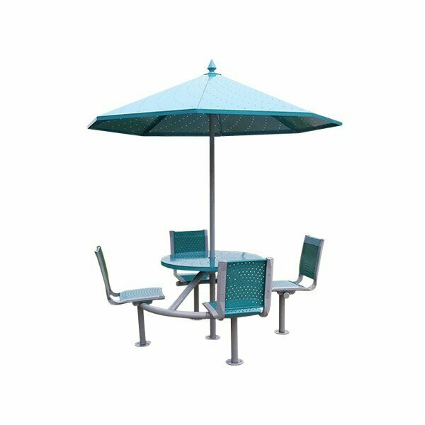 Paris Site Furnishings PSF Sombra 40'' Round Surface Mount Perforated Steel Picnic Table with 4 Attached Blue Chairs 969SOMB4